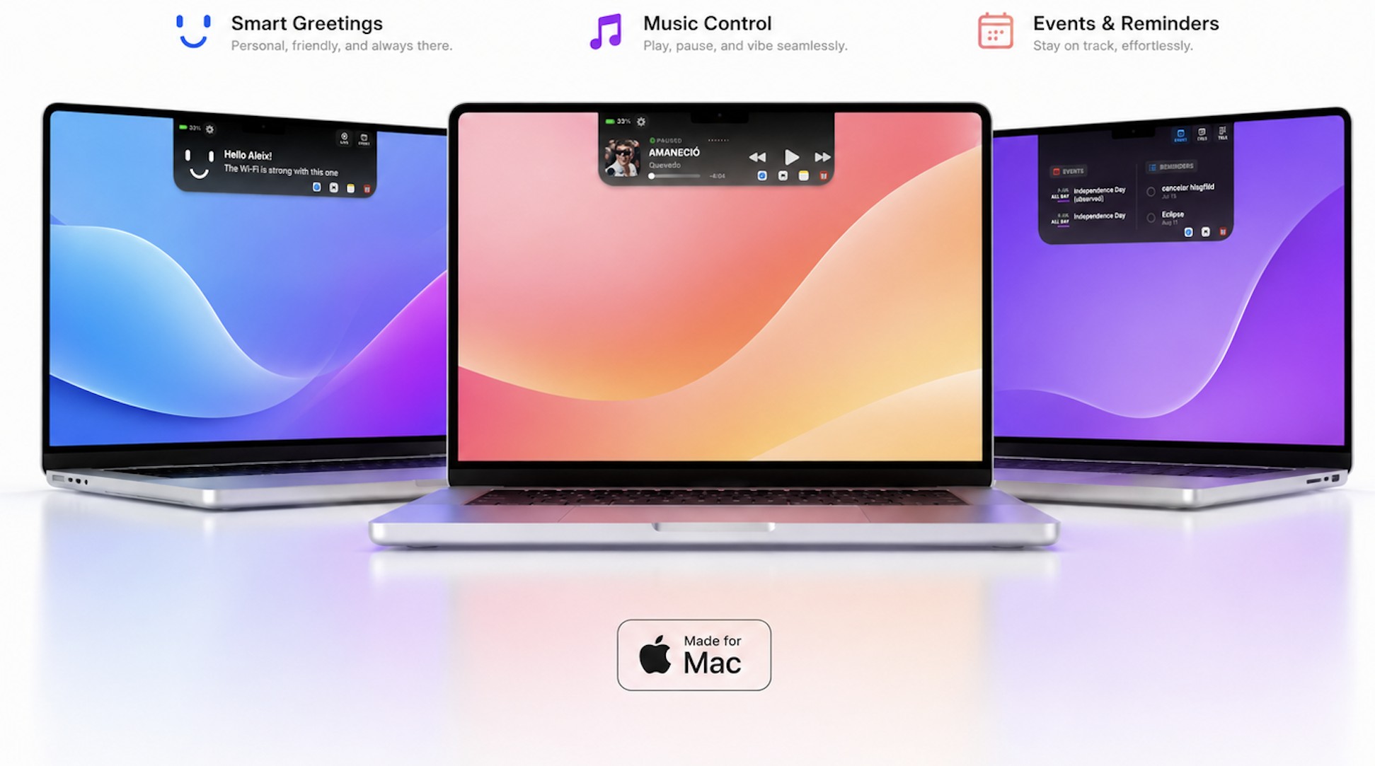 VibeNotch en varios MacBook: saludos inteligentes, control de música y recordatorios
