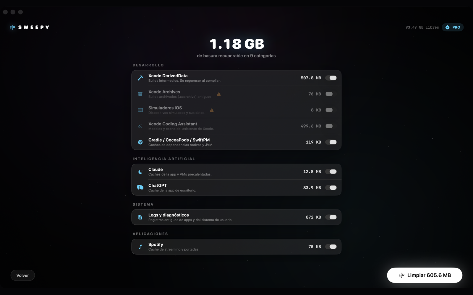 Pantalla de revisión de Sweepy: 1,18 GB recuperables en 9 categorías, cada una con su tamaño real y su interruptor.