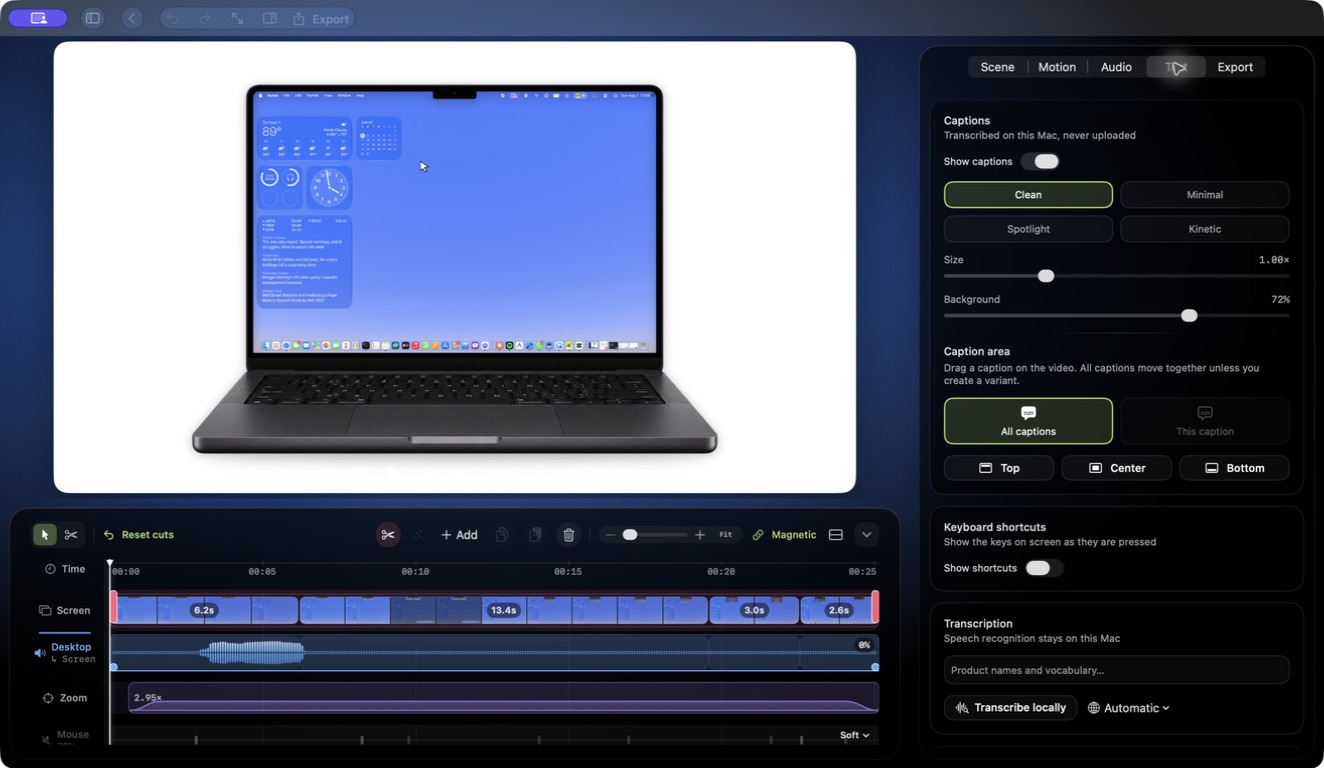 Editor multipista actual de VibeCapture con subtítulos locales, estilos de texto y línea de tiempo magnética