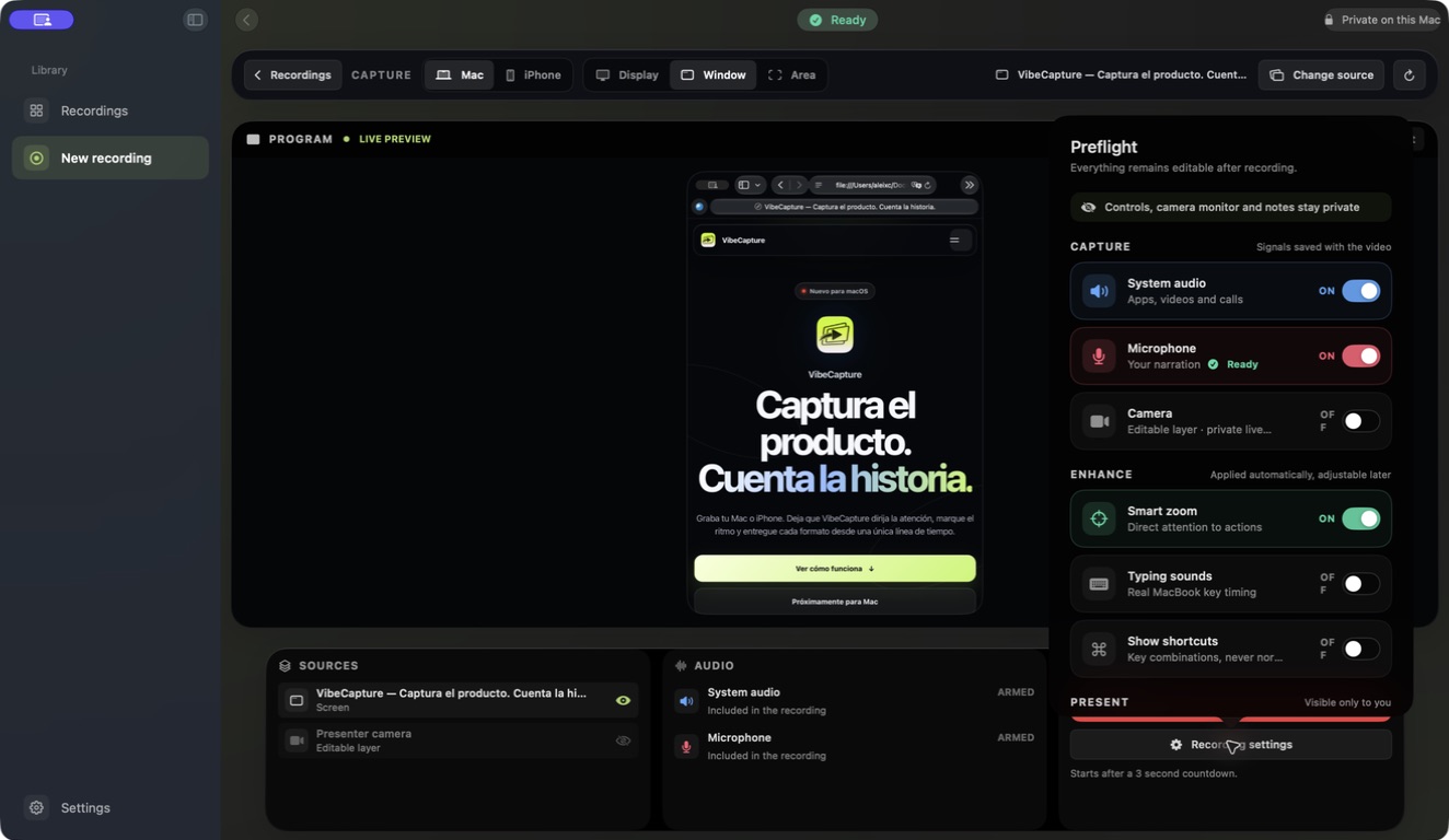 Estudio de grabación actual de VibeCapture con vista previa en directo y ajustes para audio del sistema, micrófono, cámara, zoom inteligente, sonidos y atajos